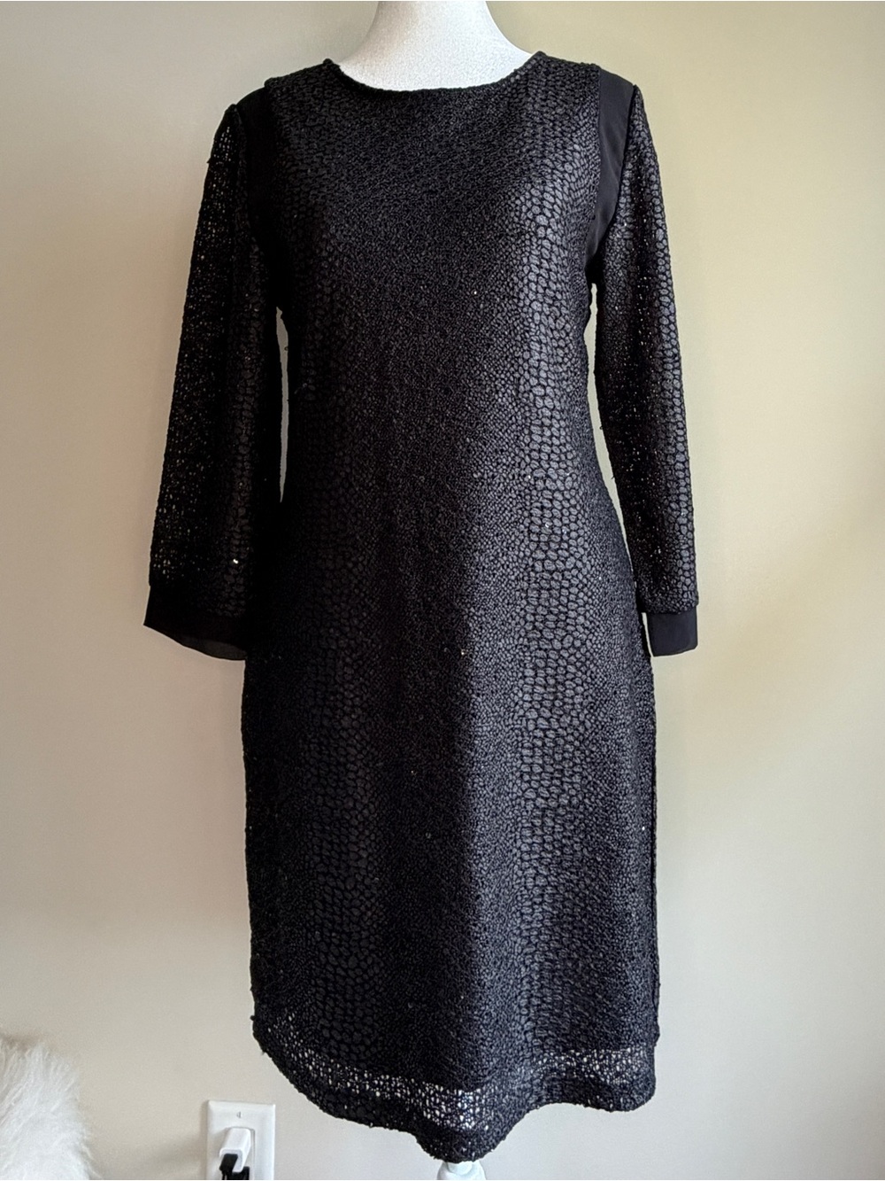 Gianni Bini Women's Large Black Textured Long-Sleeve Shift Dress